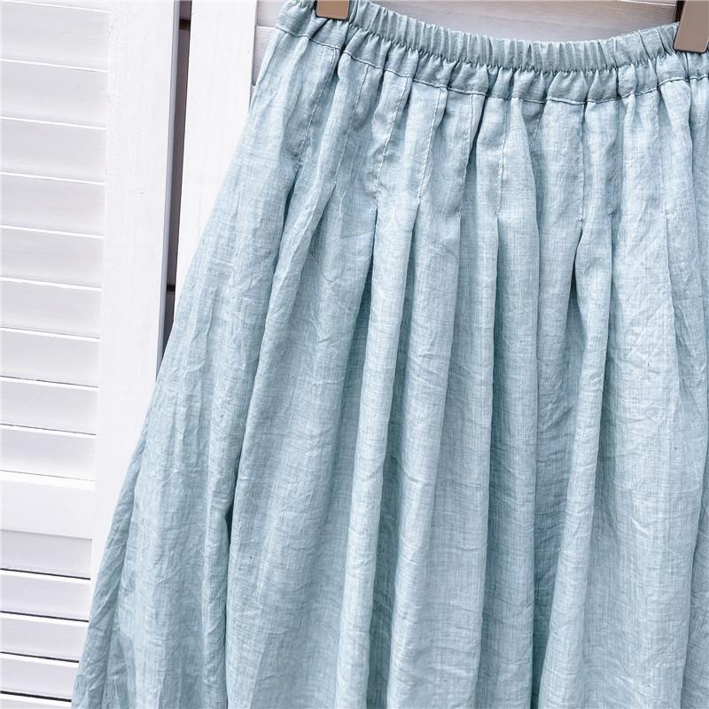 Spring Summer Fresh Solid Midi Skirt Elastic-Waisted Elegant Vintage Ladies Cotton Linen Skirt