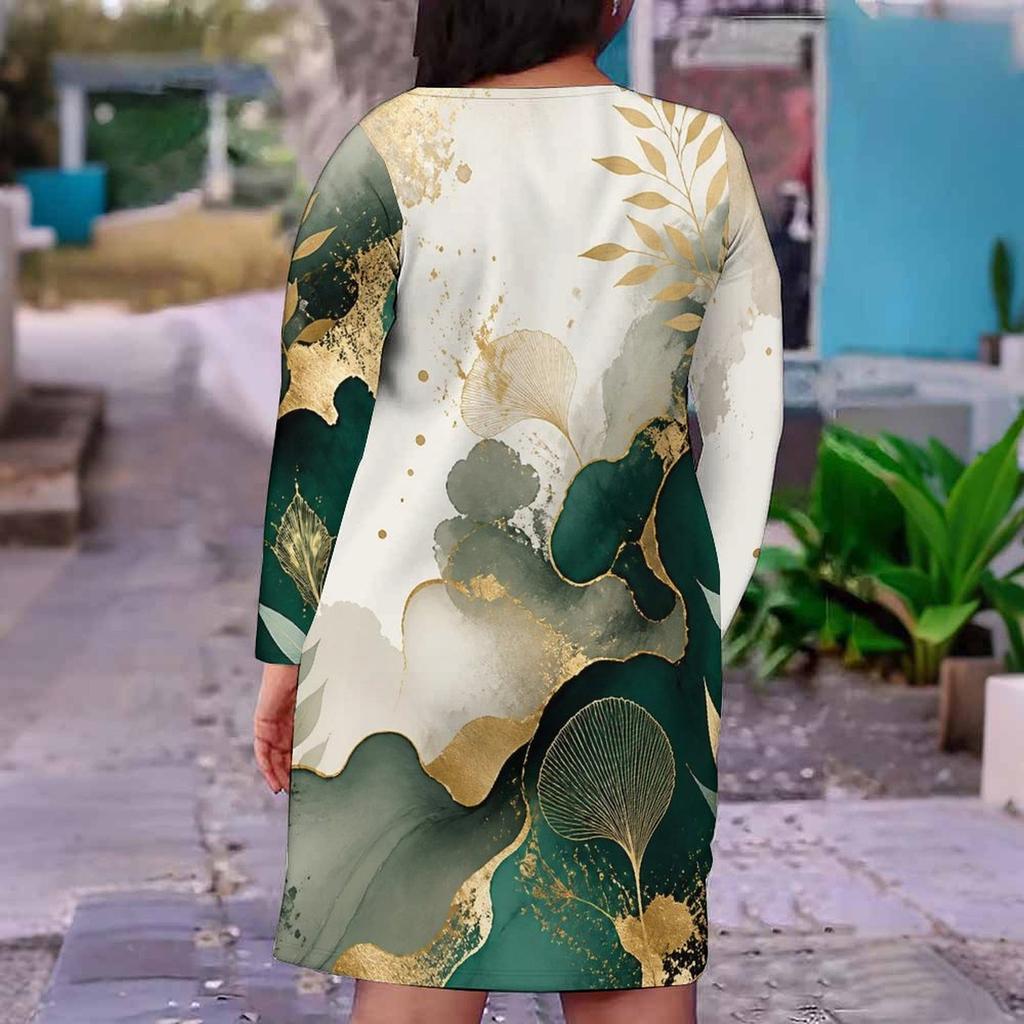 Women Plus Size Marble Print V Neck Long Sleeve Fitted Straight Dress