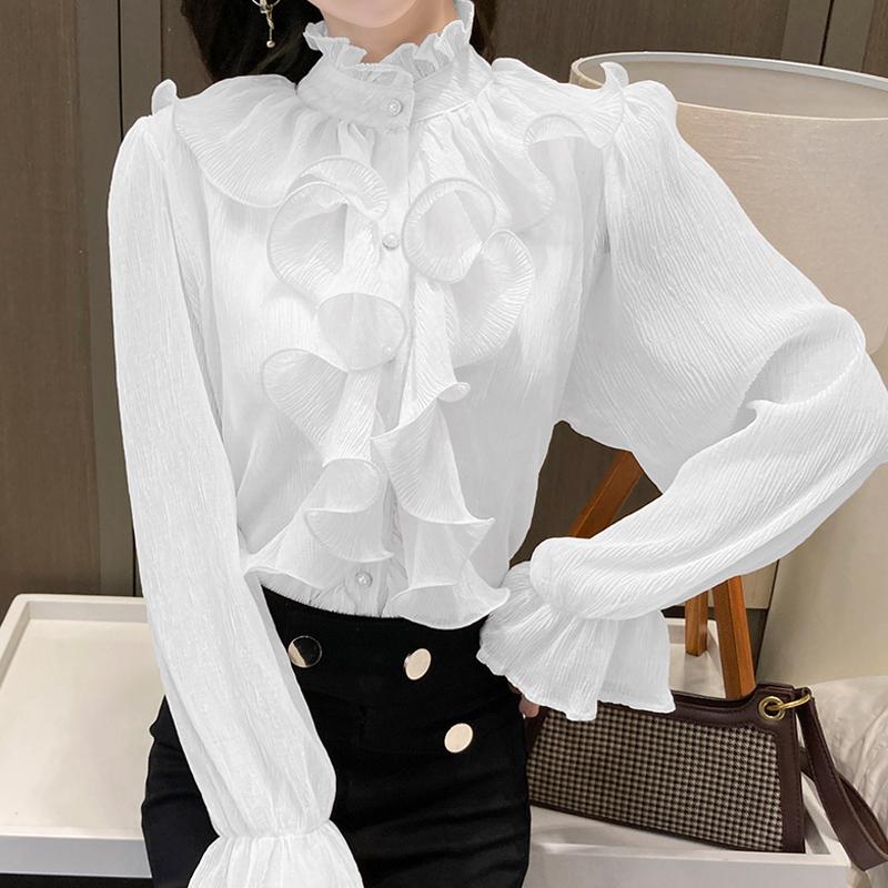 Autunno Vintage Ruffles Abbigliamento Pizzo Camicetta Donna Primavera Collo Alto Camicia Bianca Manica Lunga a Palloncino Ampia Elegante