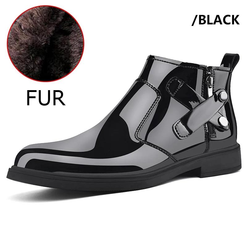 Fashion Winter Plush Ankle Boot Business Mirror Leather Chelsea Men's Boots Genuine Leather Wedding High Top Leather Shoes Cowboy Boots