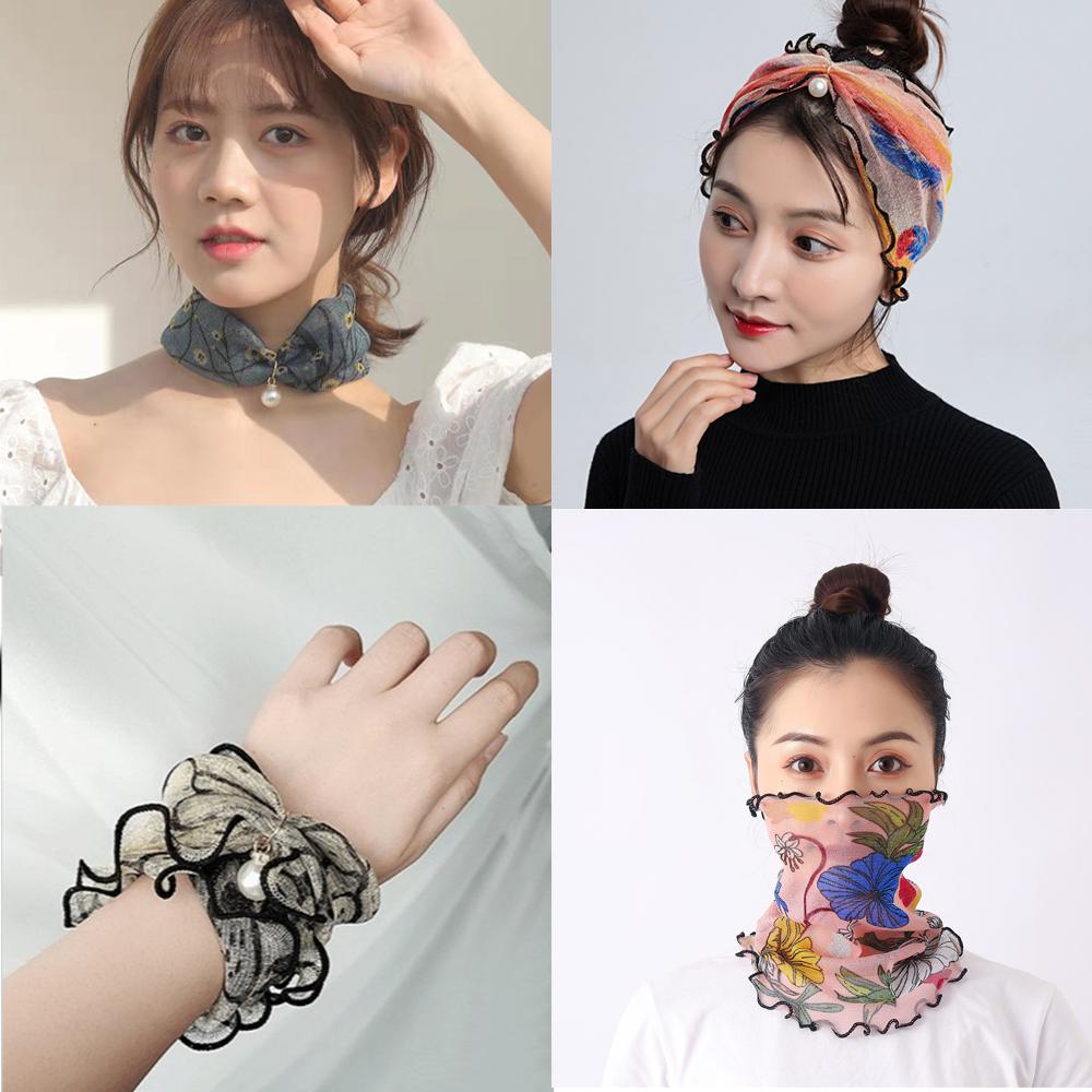 Fake Pearl Pendant Organza Neck Collar Chiffon Scarves Print Shiny Variety Loop Scarf New Bandana Headband Clothing Accessories