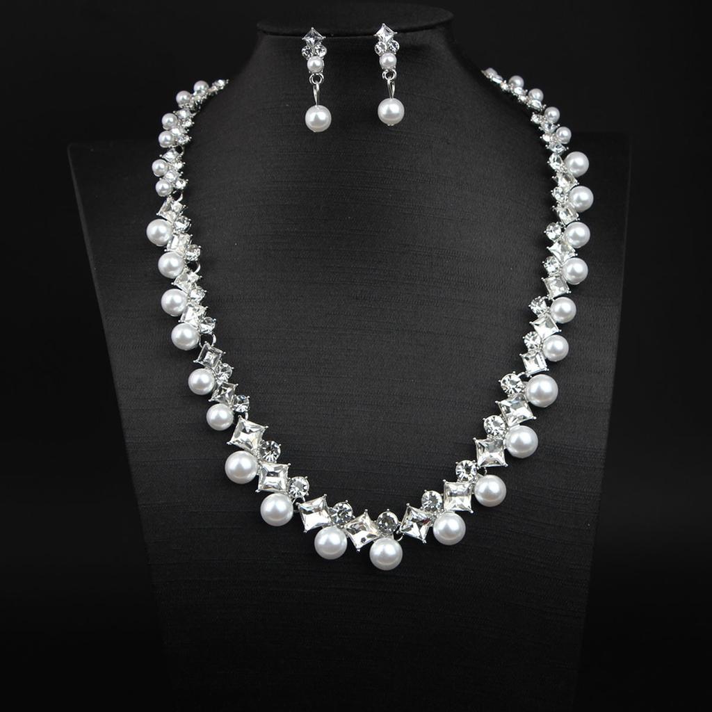 European and American Versatile Pearl Diamond Clavicle Short Necklace Earrings Set Dress Bridal Women's Accessories