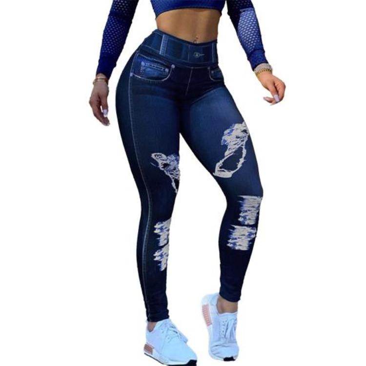 

High Elastic Women Pants Tight Fit Imitation Jeans Leggings with Pockets Ergonomic Tailoring Printing Fabric XXL темно-синього кольору