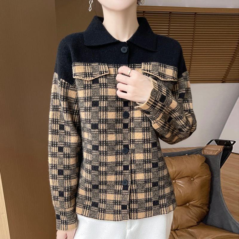 100% pure wool comfortable casual checkered shirt collar cardigan jacket