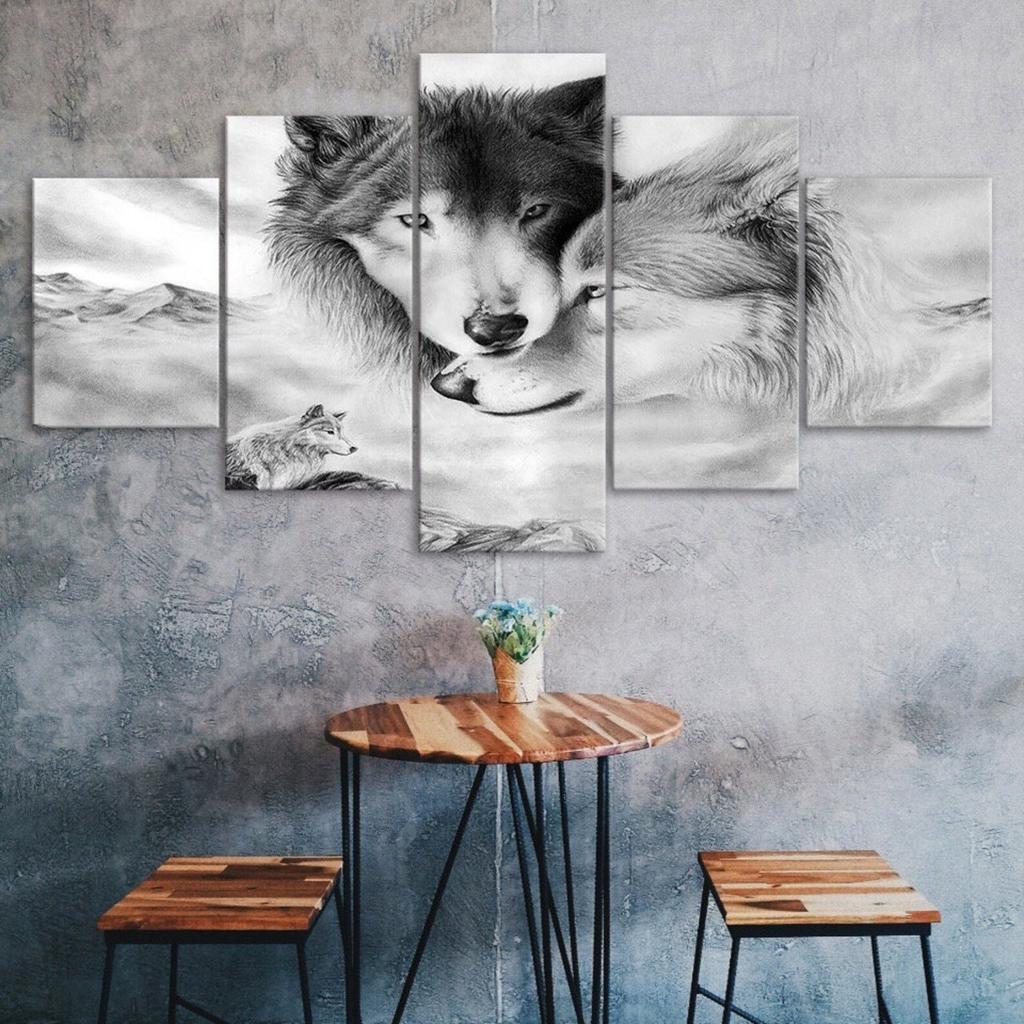 Wolfspaar Schöne Wildtier-Szene 5-teilig Fünfteiliges Wandleinwandbild Moderner Poster-Bilder Home Decor Geschenk für Ihn für Sie