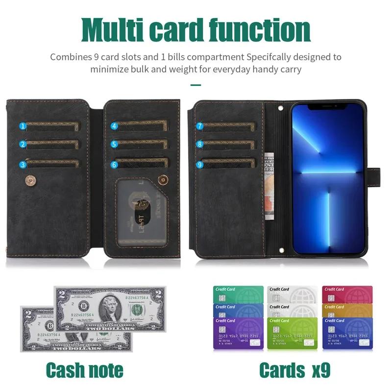 Custodia in Pelle con Cordino Lungo per Samsung Galaxy S25 Edge S24 FE S23 Plus S22 Ultra S21 S20 S10 Note 20 Portafoglio con Zip Copri Telefono per Carte