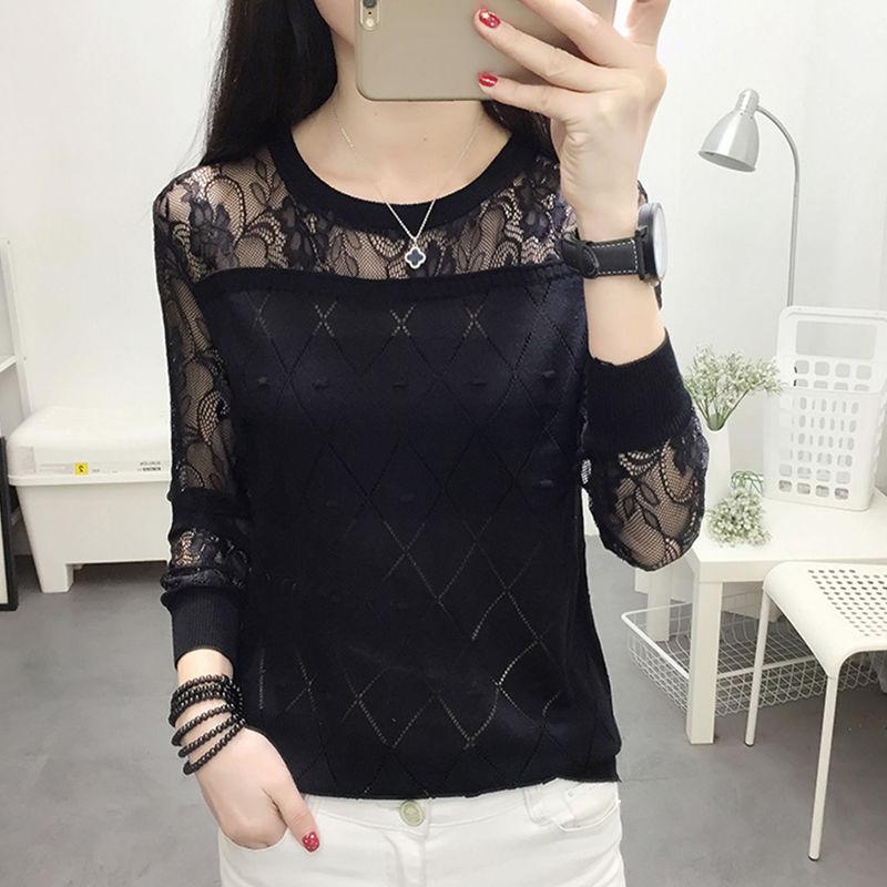 Lace Base Shirt Women's T-shirt Long Sleeved Loose and Versatile Spring Knitwear Women's Thin Top