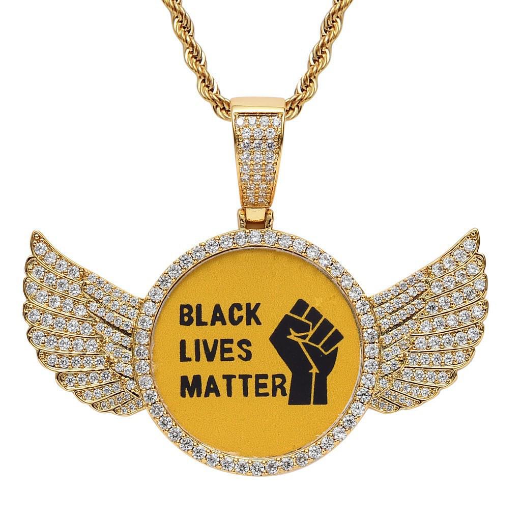 

Hip Hop Style Round Photo Pendant Necklace with Wings - Copper & 14K Gold Inlaid with Zirconia