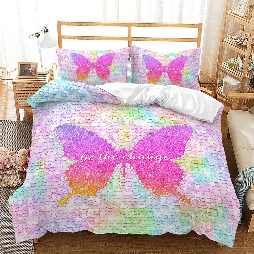 

Gradient Sequins Buterfly /pupy Love Boy Girl Soft with Soft Fabric Duvet Cover Set for Single Double Print Bethe Change Shiny Fish Scales Beding 100*200cm Single
