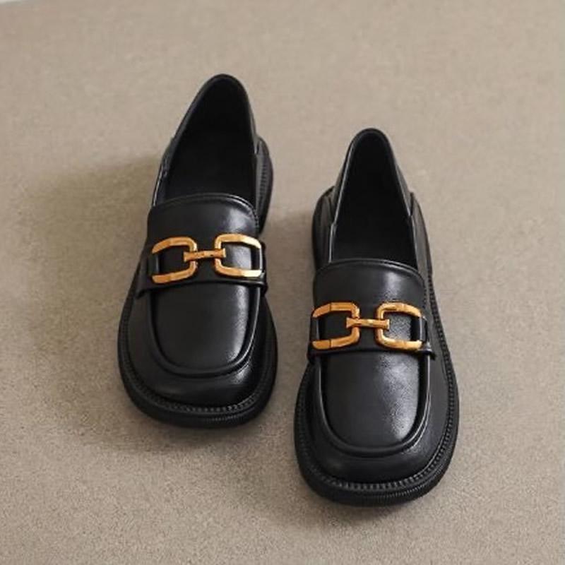 Soft Leather Loafers Women English Style Autumn Black Fashion Thick Bottom Slip-on Shoes Leather Stripe Decoration Square Buckle 35 чёрный