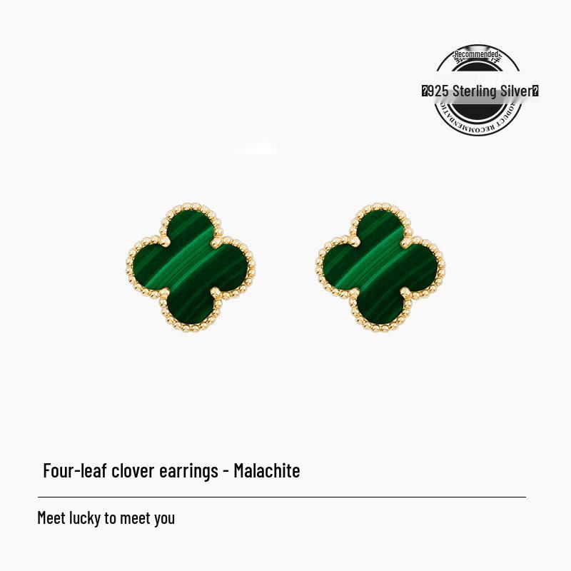 Four-Leaf Clover S925 Silver 9mm Stud Earrings with Red Agate, Black Agate, Turquoise, Butterfly, White Shell, Gray Shell, and Pink Shell for Women.