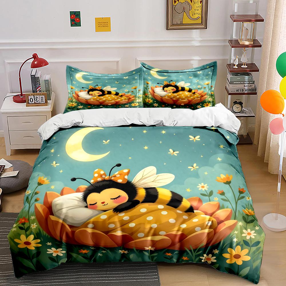 Bee sleeping on a flower bed Pattern Duvet Cover Set Digital Print Polyester Bedding with Zipper Closur for kids gifts
