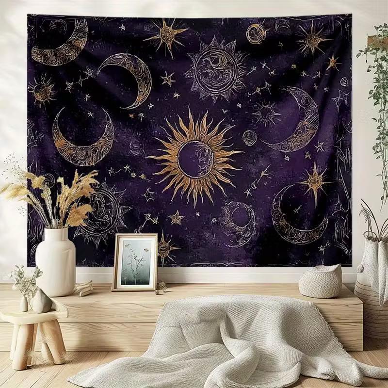 2D Purple Sun Moon Tapestry Vintage Celestial Wall Hanging Decor