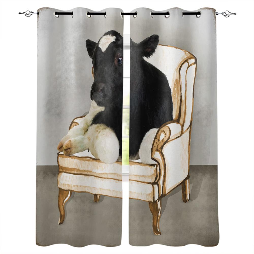 Animal Cow Color Oil Painting Window Curtains Bedroom Kitchen Drapes Panel Curtains for Living Room Christmas Home Decor