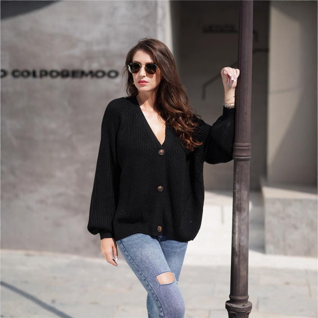 Winter single-breasted solid color knitted women's European and American knitted cardigan loose sweater women
