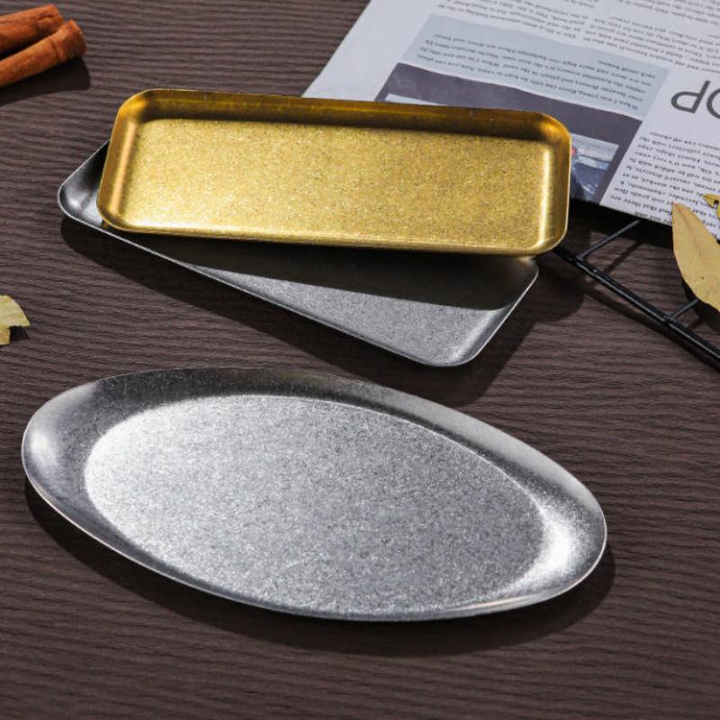 Retro Stainless Steel Trays, Sushi Plates, Snack Plates, Pastry Plates, Oval Shallow Trays, Industrial-Style Tableware