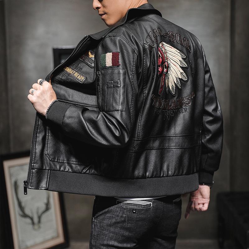 2021 Men's Lapel Embroidered PU Leather Motorcycle Jacket for Spring/Autumn - Casual Trendy Design