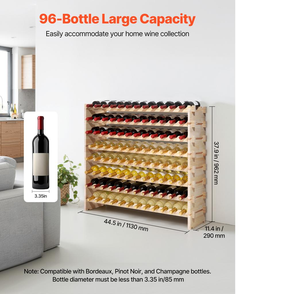 SucceBuy 96 Bottle Stackable Modular Wine Rack 8-Tier Floor Freestanding Wine Storage Rack For Kitchen Cellar and Bar Natural