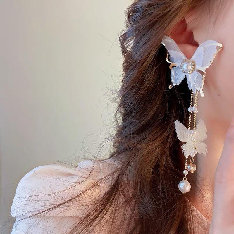 New Elegant Fairy Chiffon Buterfly Tassel Earrings For Women Fashion Imitation Pearl Dangle Drop Earrings Party Wedding Jewelry Gifts