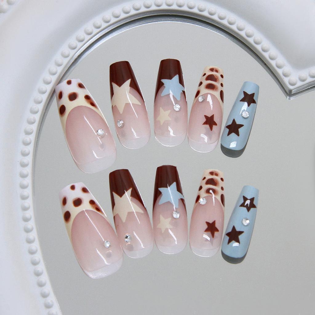 French Style False Nails With Star Decoration 24 Pieces Set For Party And Wedding