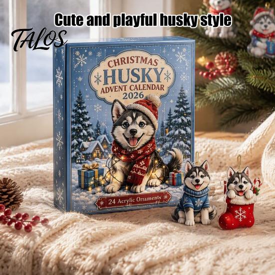 Holiday Countdown Collection Husky Christmas Advent Calendar 2026 with 24 Unique Acrylic Pendants for Tree Decorations, Cute Dog Themed Ornament