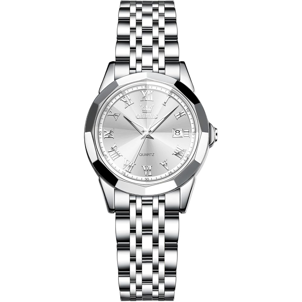 OLEVS Women s Fashion Watch Analog Quartz Waterproof Silver Stainless Steel Band Lightweight Date Display