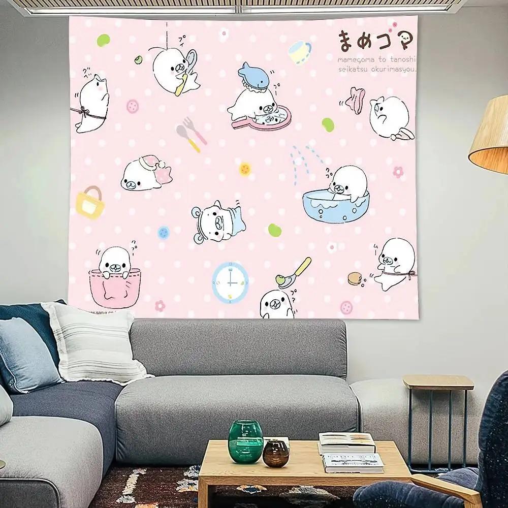 Kawaii Cartoon Cute MMamegoma Printed Tapestry Decoration Bedroom Dormitory Background Cloth Holiday Home Party Living Room Dec