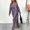 Women Beach Dress Long Sleeve V-neck Printing Contrast Color Oversized Dress-up Low-cut Side Split Maxi Dress Women Garment