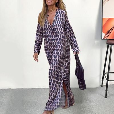 Damen-Strandkleid, langärmelig, V-Ausschnitt, Druck, Kontrastfarbe, übergroß, Low-Cut-Maxikleid mit seitlichem Schlitz, Damenbekleidung