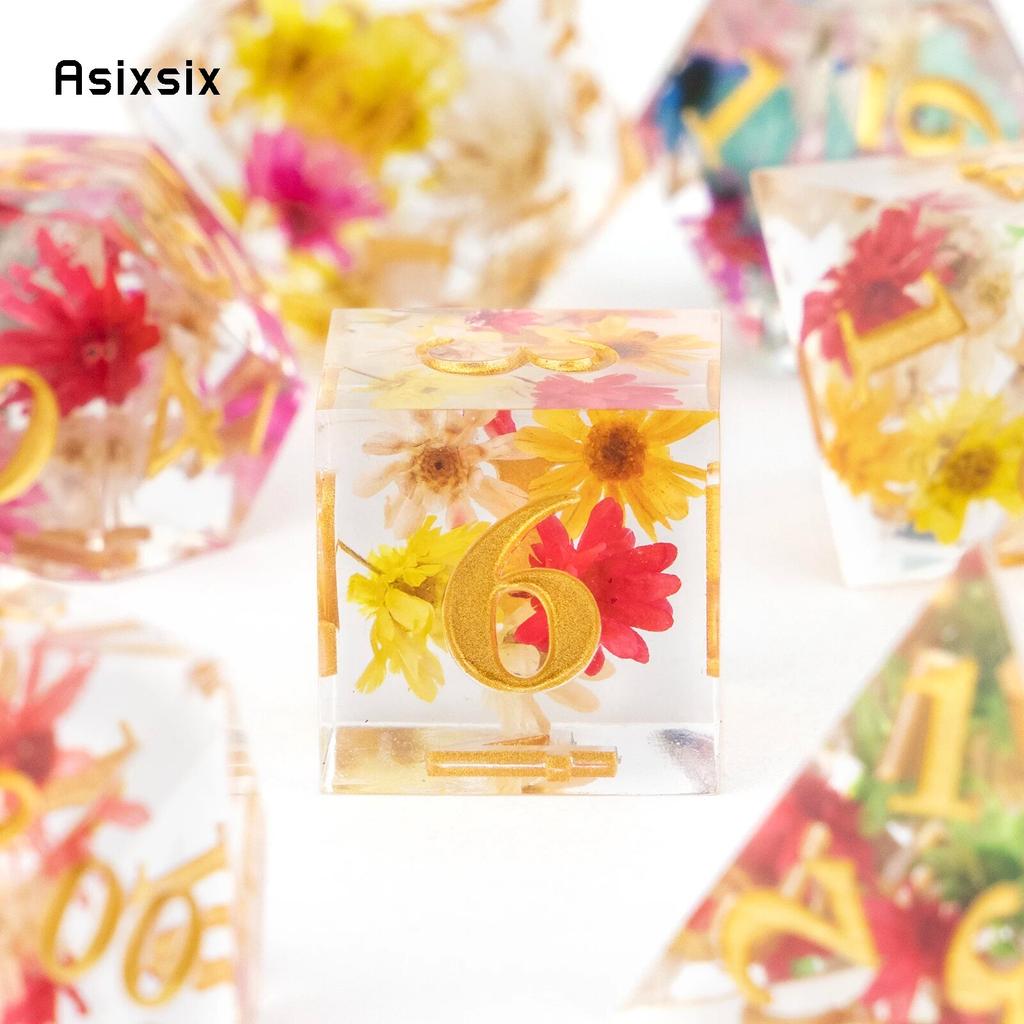 7 Pcs Flower Resin Golden Number Sharp Edge Dice Polyhedral Dice Suitable for Role-Playing RPG    Board Game