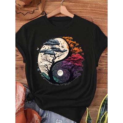 T-shirt da Donna con Stampa Albero della Vita Yin Yang Girocollo Manica Corta Top Casual Primavera Estate