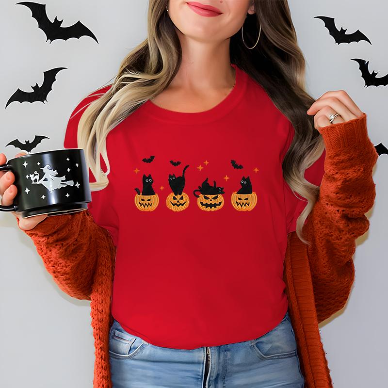 Black Cat Pumpkin Graphic T Shirts Women Trendy Halloween Retro Essential Classic Tops Cat Lover Spooky Season Halloween Tshirt