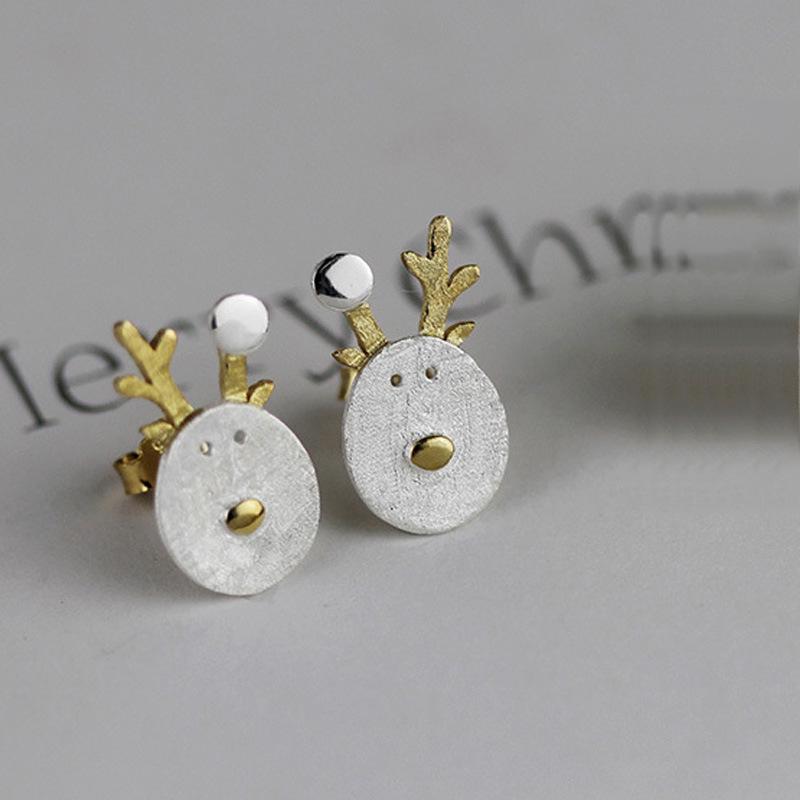 Gold Plated Cute Reindeer Stud Earrings for Women - Festive and Simple Christmas Antler Design.