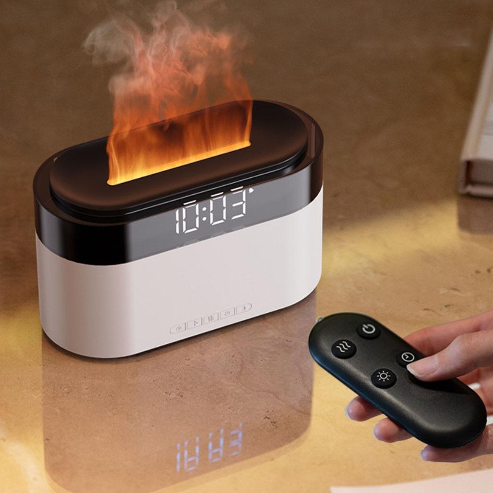 Flame aroma diffuser with LED digital clock color changing mood light and smart remote control for home office desktop use