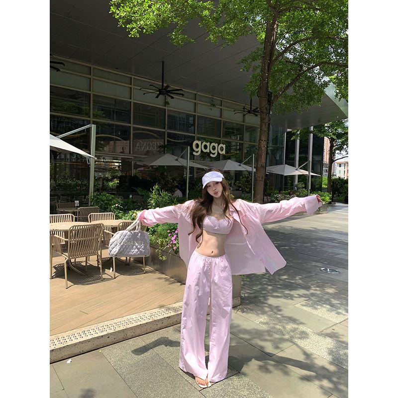 Kumikumi Sexy Style Loose Long Sleeves Shirt Underwear Spaghetti-Strap Slip Women's Autumn Slimming Loose Pants Three-Piece Set