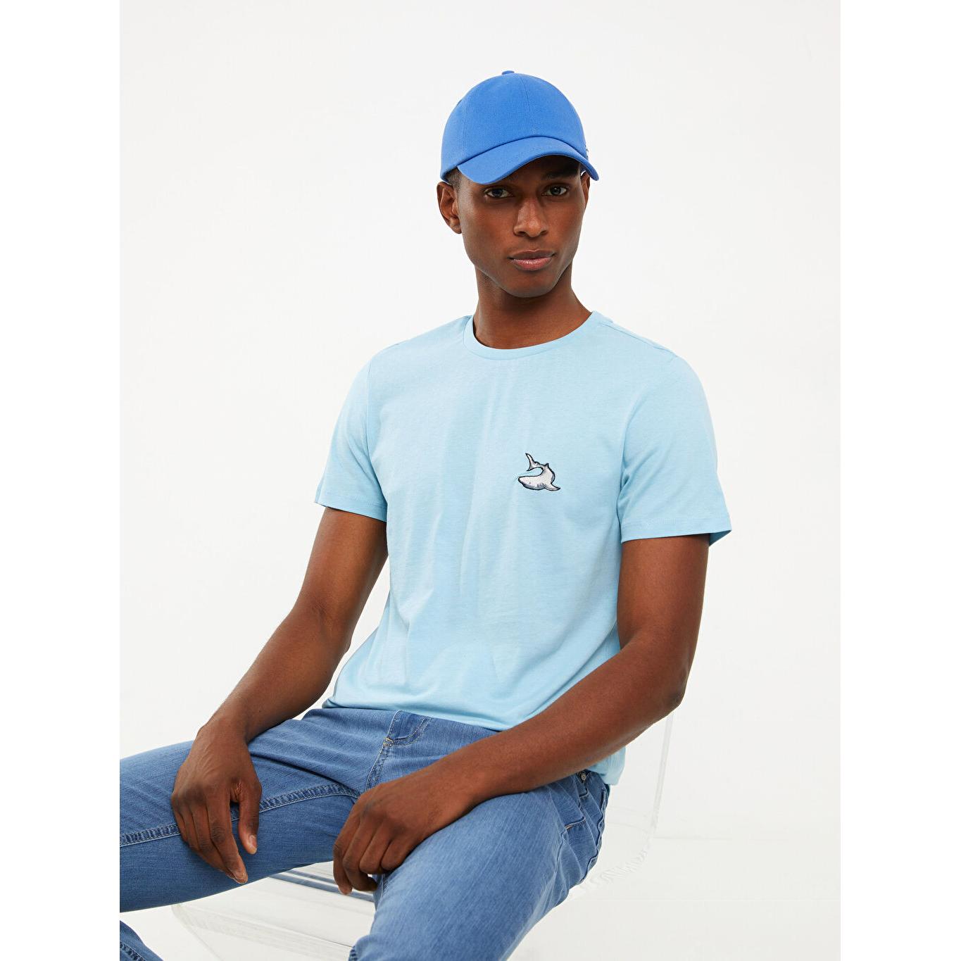 

Мужская футболка с круглым вырезом и короткими рукавами, вышитая гребешком, синяя