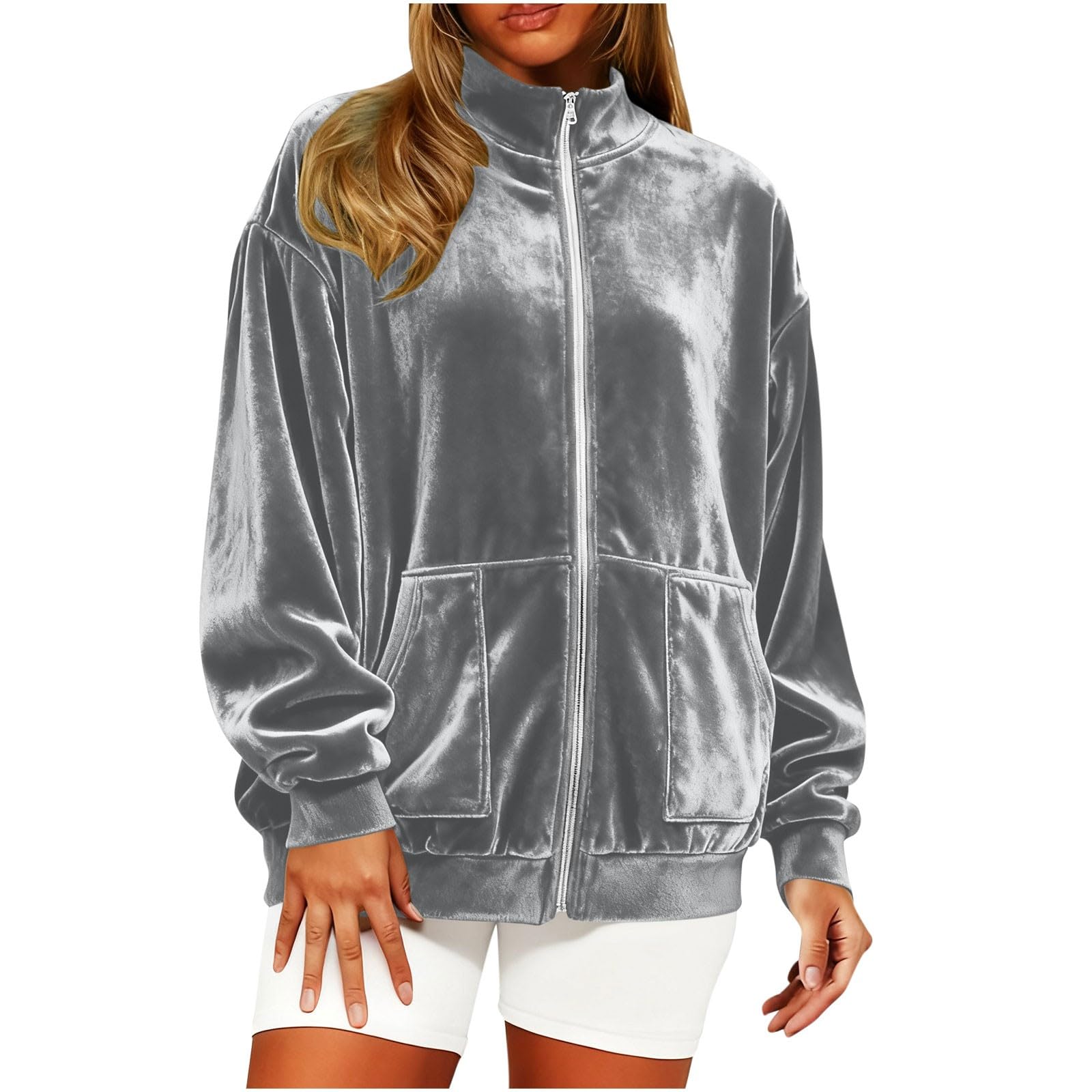 Женская модная цветная куртка со стойкой воротником, свободная с длинными рукавами, карманом на молнии, повседневная спортивная куртка из золотого бархата для улицы XXL