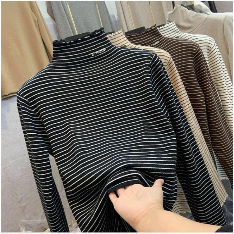 Girls Autumn Winter Striped Half Turtleneck Base Layer Shirt Long Sleeve Warm Thermal Top Korean Inner Wear