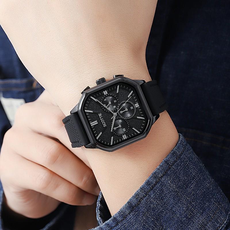 

Модные мужские часы с квадратным циферблатом большого размера, кожаным ремешком и многофункциональным дизайном с тремя стрелками