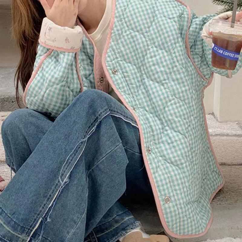 Retro Floral Small Fresh Color Matching Plaid Cotton-padded Jacket Women's Autumn Winter Plus Coats on Both Sides.