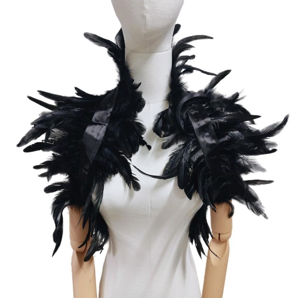 

Shawl with Ribbon Ties Feather Fake Collar Gothic Style Feather Shrug for Women and Men Black