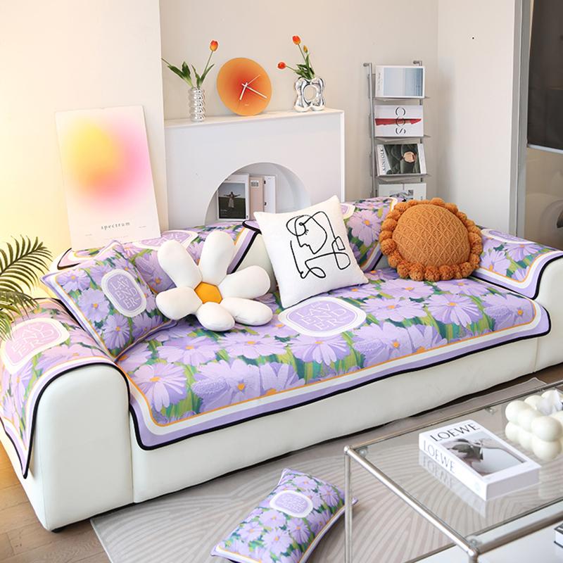 Ice Silk Fabric Sofa Cover Spring and Summer Purple Floral Pattern Sofa Cushion Living Room Anti-slip Slipcover Home Decoration
