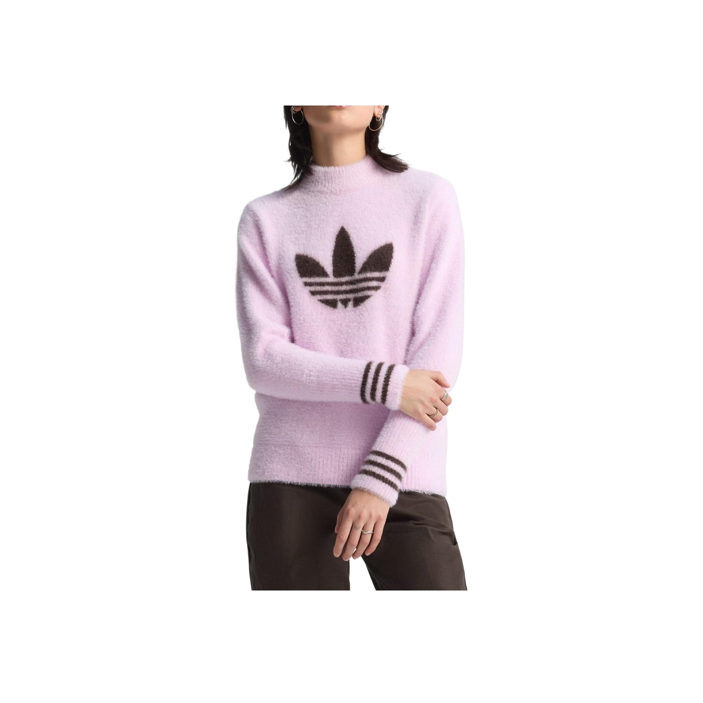 adidas Originals Women s Light Pink Mock Neck Fuzzy Trefoil Knit Sweater JN9747 S