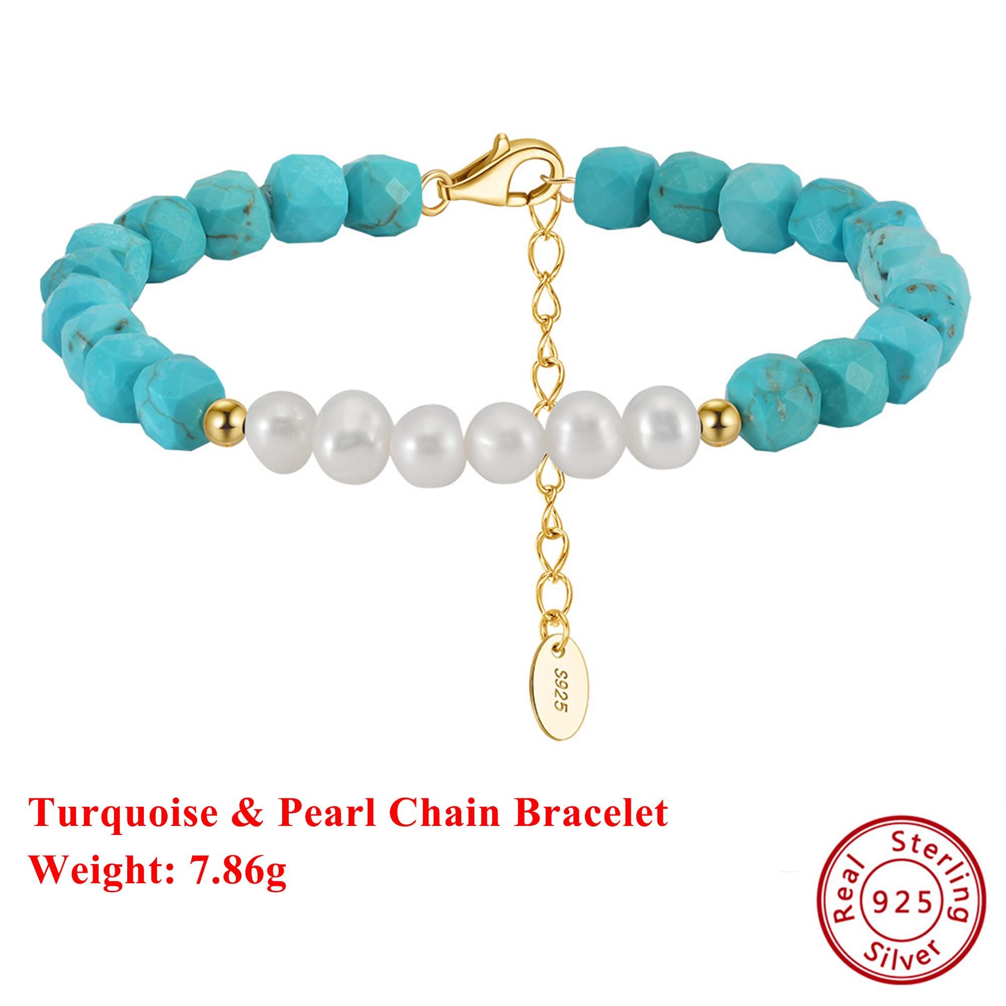 

EFFIE QUEEN Genuine 925 Silver 14k Gold Freshwater Pearl & Natural Stone Chain Bracelet Natural Jewelry for Women Wedding MPB08