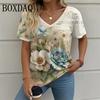 Plant Flower 3D Printed Women's T-shirt Retro V-neck Short Sleeved