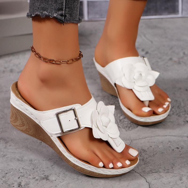 Fashion New Shoes for Women Flower Decor Wedges Slippers Casual Platform Flip Flops Sandals Buckle Strap Slide Slippers Slides Women