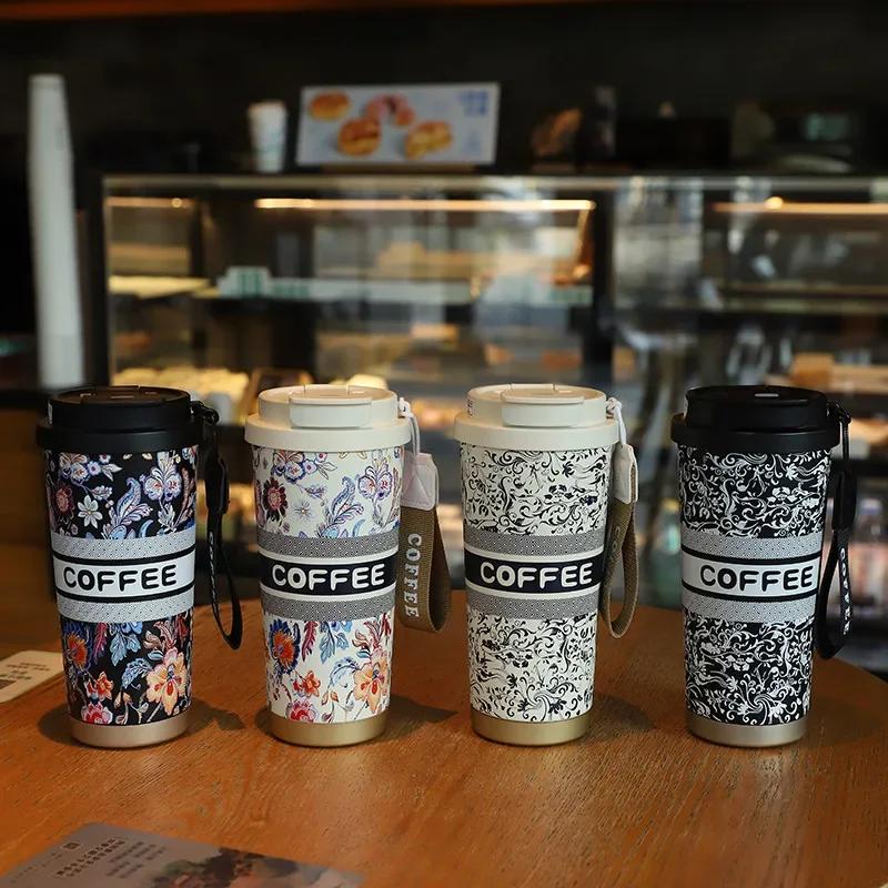 500ML Kelímek se dvěma brčky Módní konvalinka Přenosný kelímek na kávu Nerezová vakuová termoska Dárková láhev na vodu