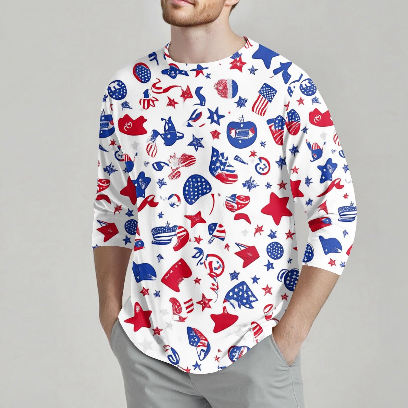 

Men s Fashion Casual Independence Day Print Neck Seven-point Sleeve Top T-shirt XL