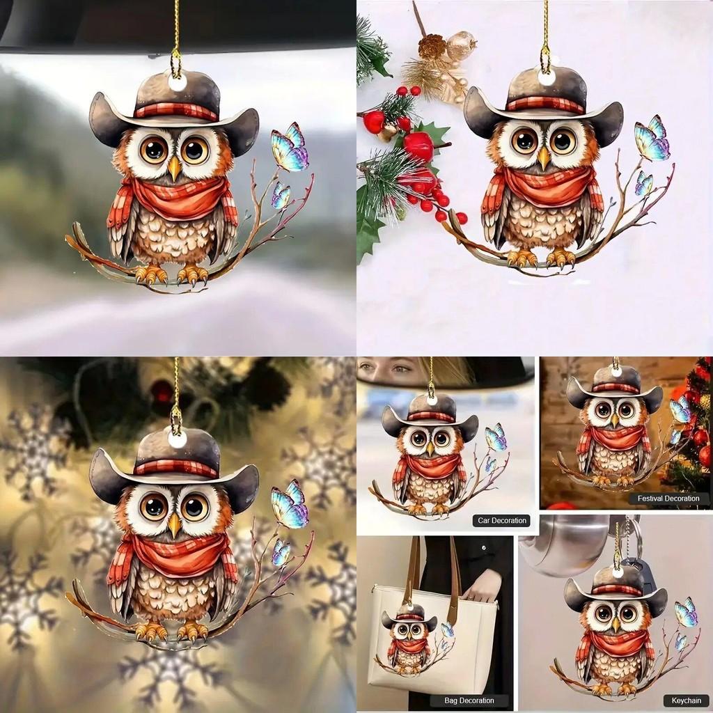 Charming Cartoon Hooded Owl Car Pendant Acrylic Keyring For Festive Decor