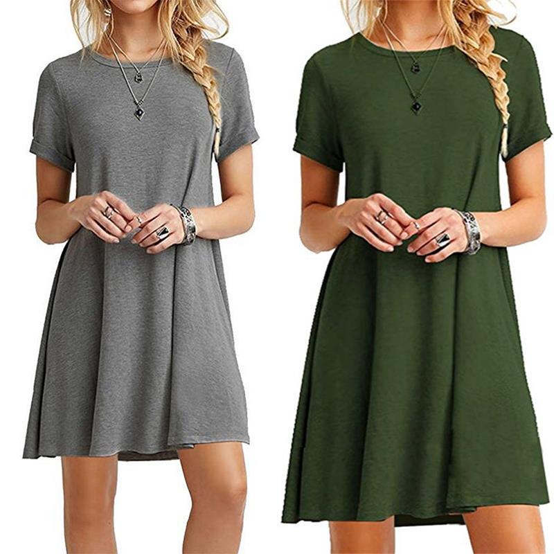 Fashion Womens Loose Simple Solid Color Print O Neck Short Sleeve Leaves Print Loose Streetwear A-line Dress